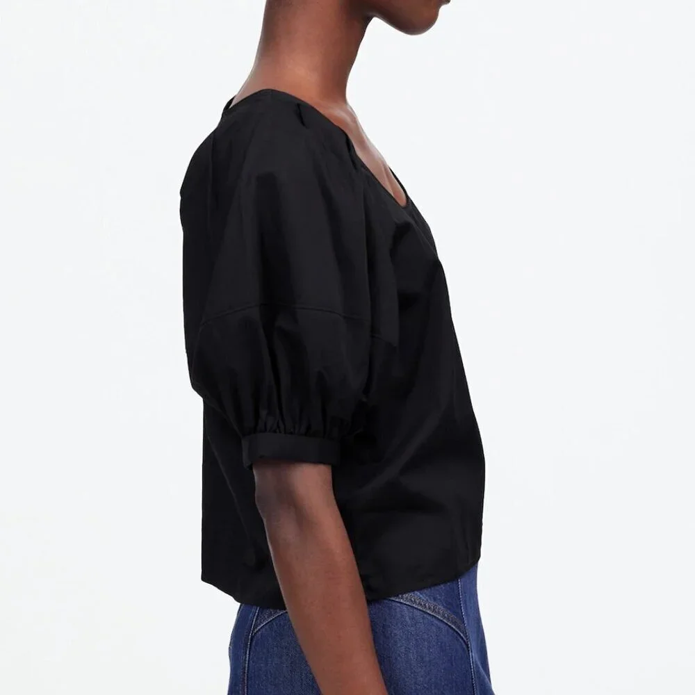 Madewell Relaxed Scoopneck Cotton Sateen Short-Sleeve Top Black Size S NWT - Picture 2 of 8